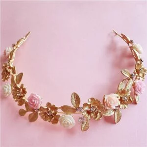 Gold Flower Headband - Wedding Gold Flower Headband Pink Rose Gold Flower Crown