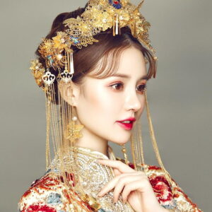 Chinese Crown - Wedding Chinese Crown Traditional Chinese Headdress Gold Headpiece Comb Earrings Pin Set